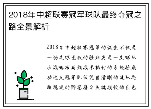 2018年中超联赛冠军球队最终夺冠之路全景解析